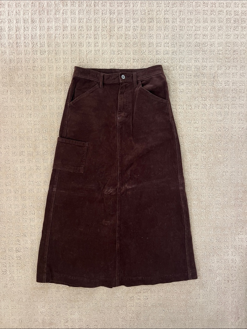 Women's Brown Corduroy Midi Skirt with Patch Pocket